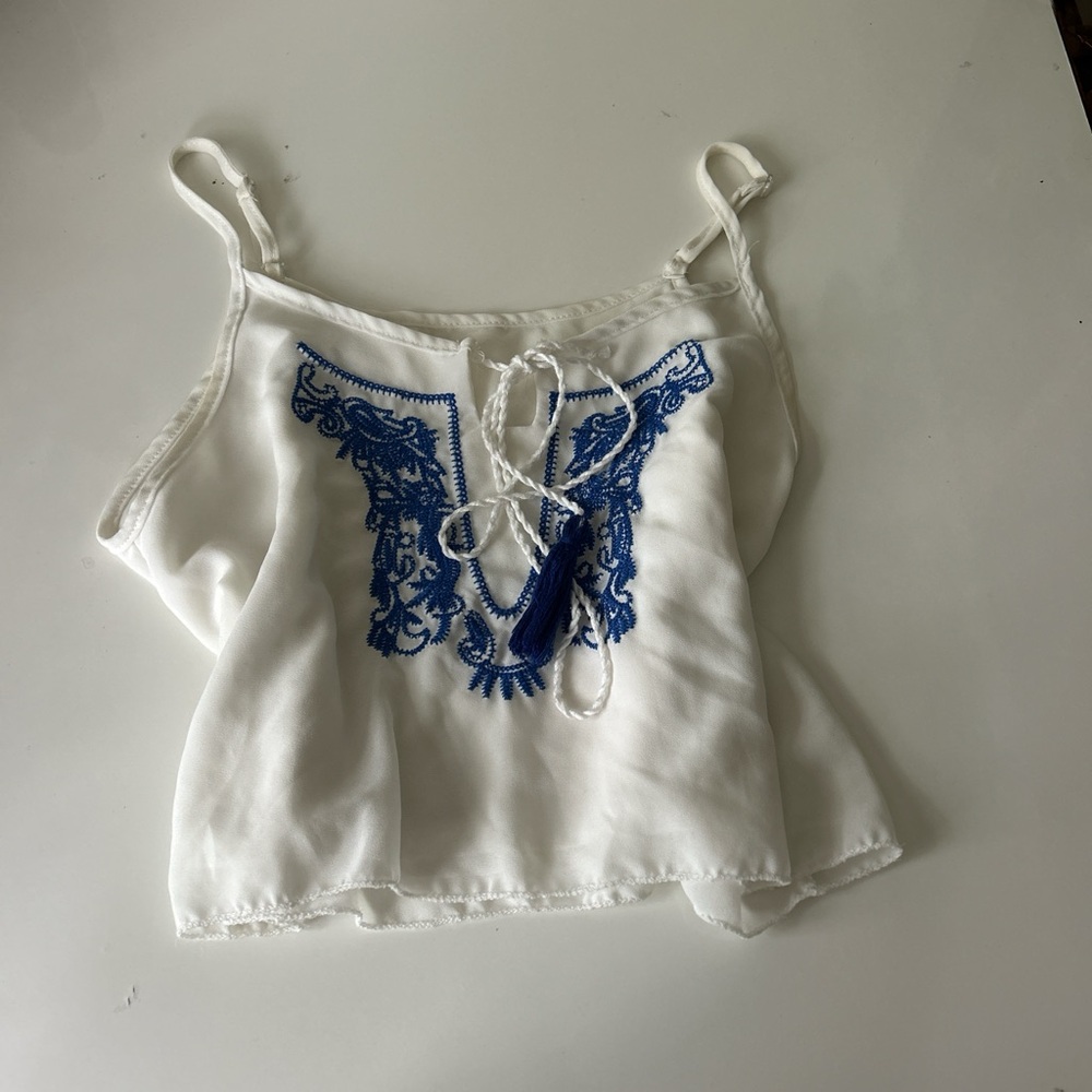 White and Blue Embroidered Women's Top